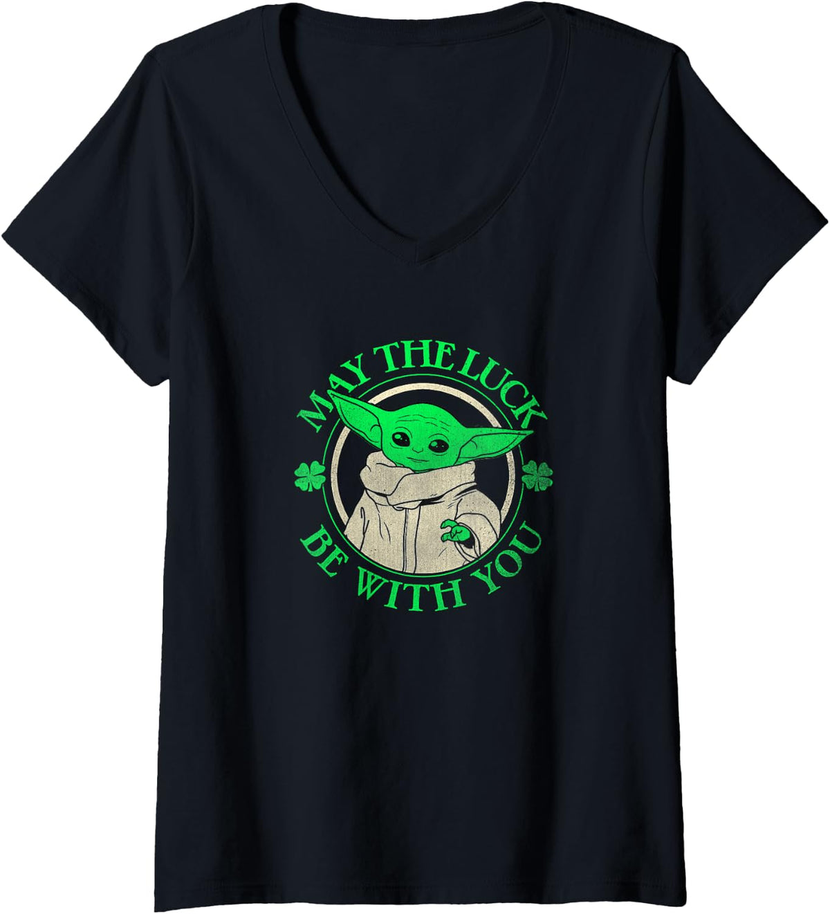 Women's Star Wars St. Patrick's Day Grogu May The Luck Be With You V-Neck T-Shirt - Black