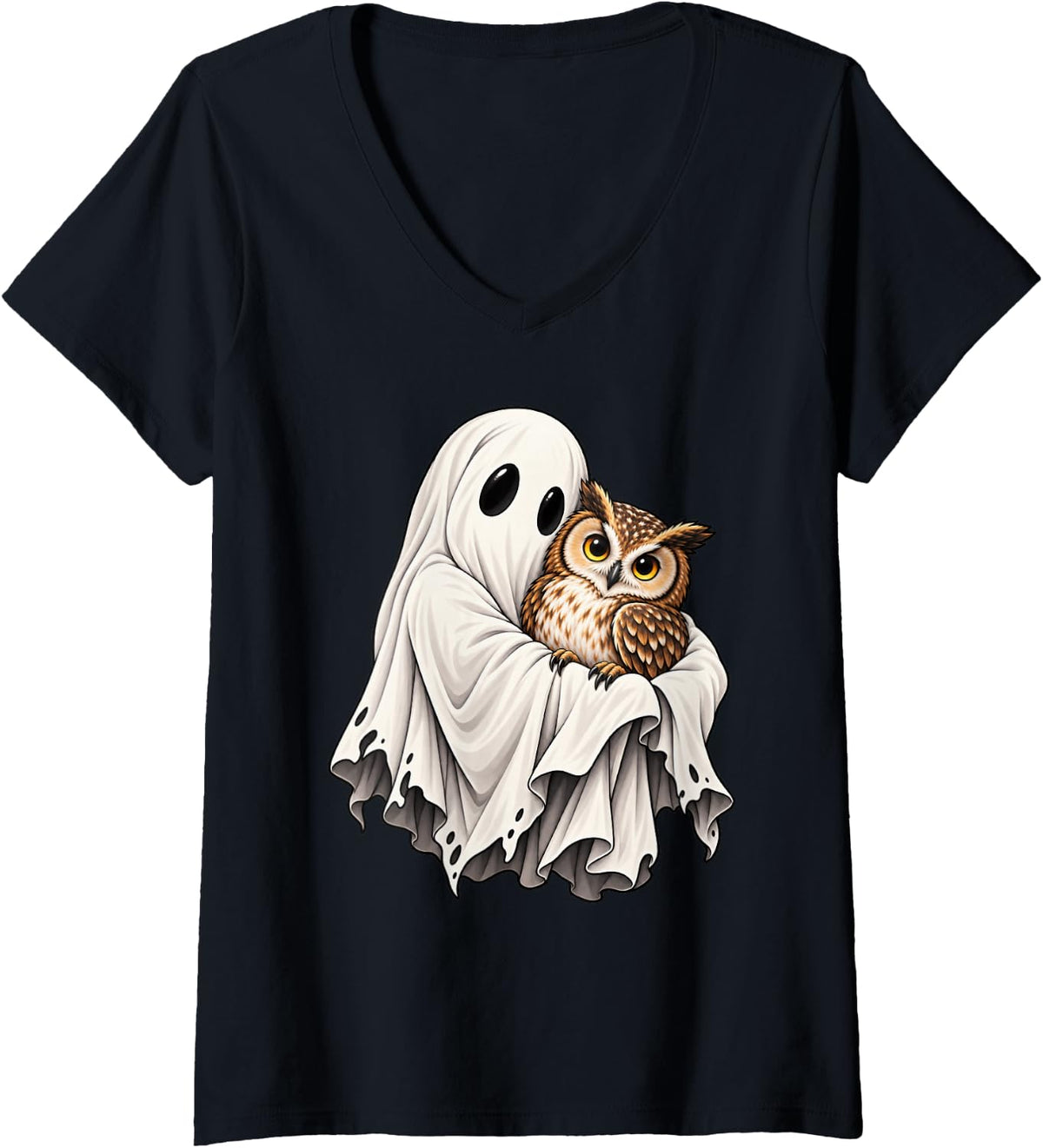 Women's Ghost Owl Funny Halloween V-Neck T-Shirt - Black