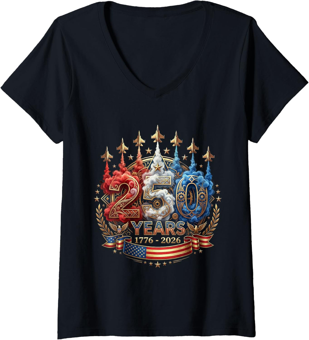 Women's 250 Years of Freedom 1776 Patriotic Independence Anniversary V-Neck T-Shirt - Black