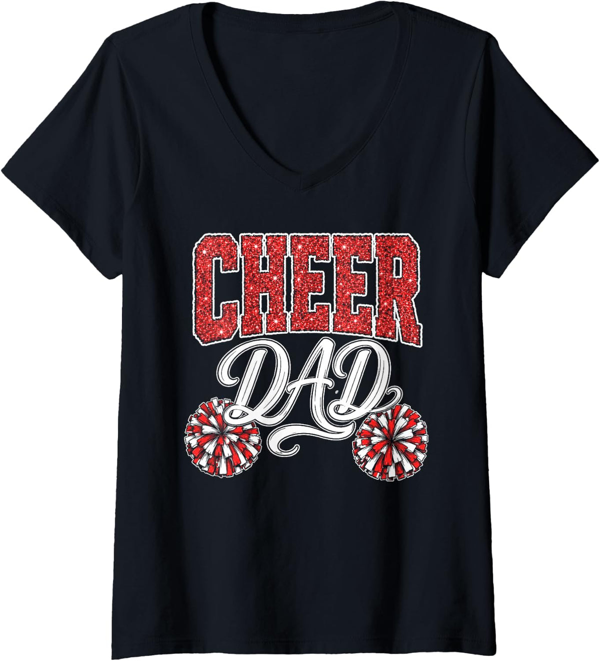 Women's Cheer Dad Cheerleading Pom Poms V-Neck T-Shirt - Black