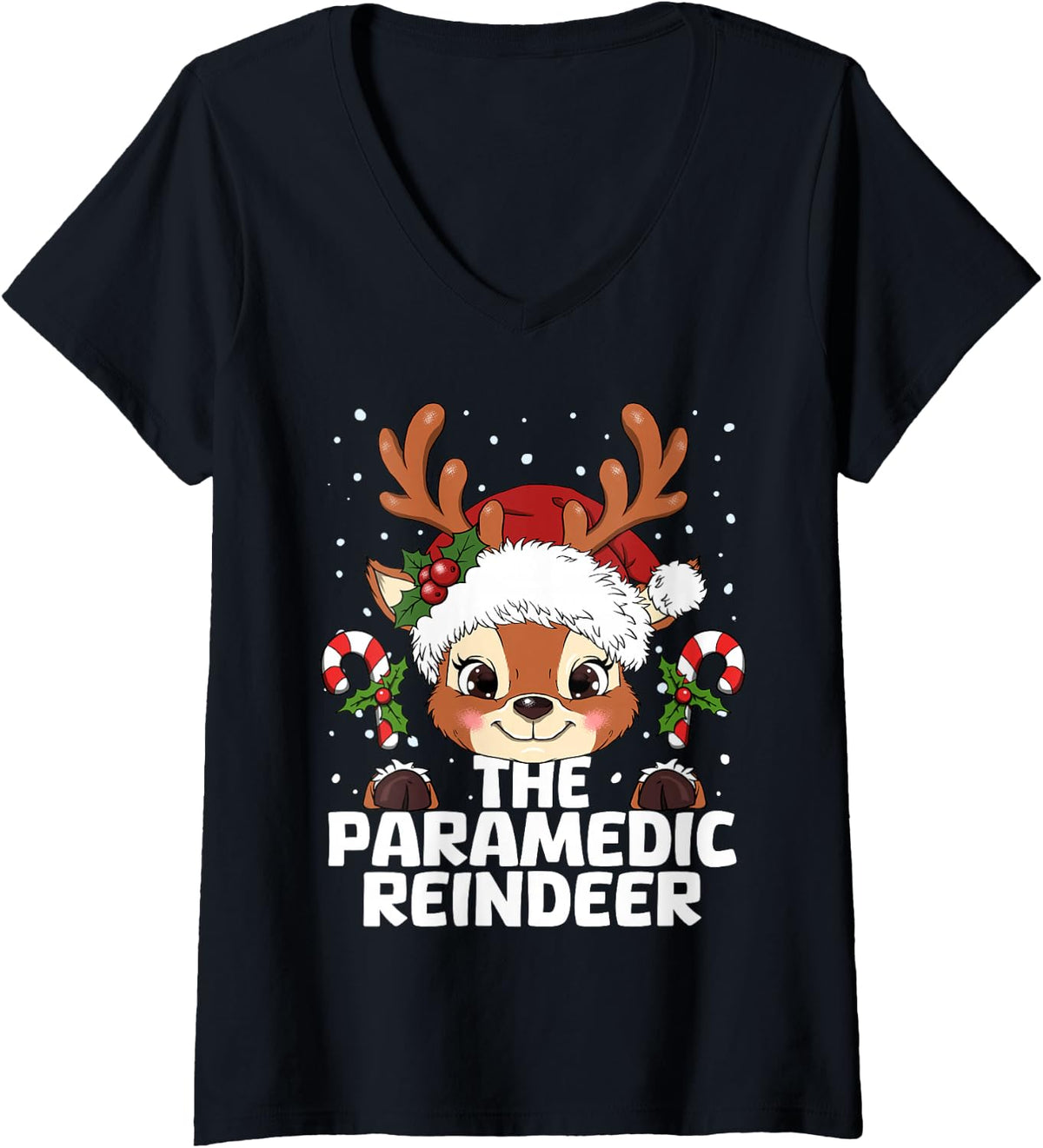 Women's Paramedic Reindeer Matching Christmas V-Neck T-Shirt - Black