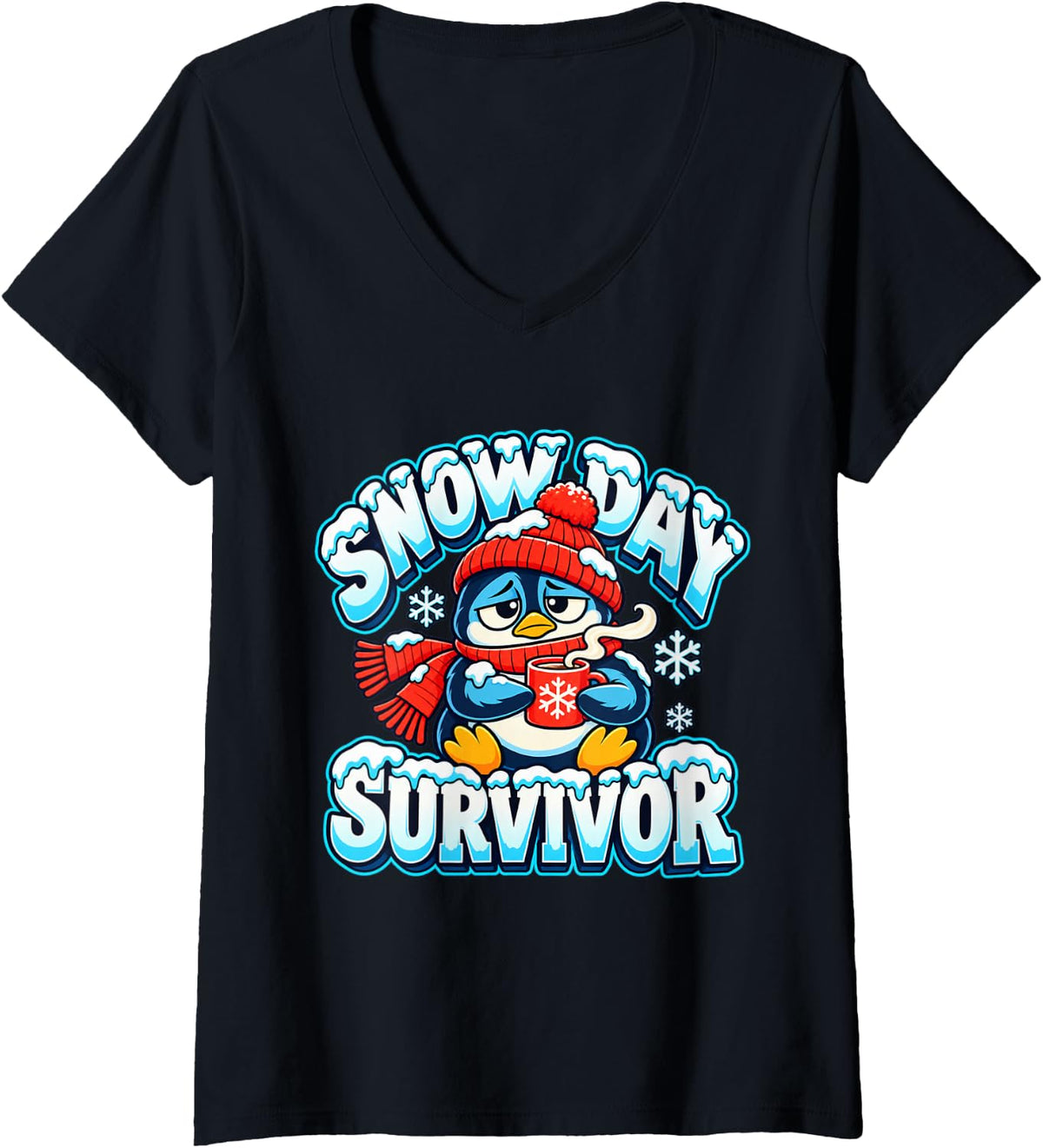 Women's Snow Day Survivor Funny Penguin Hot Cocoa Winter V-Neck T-Shirt - Black