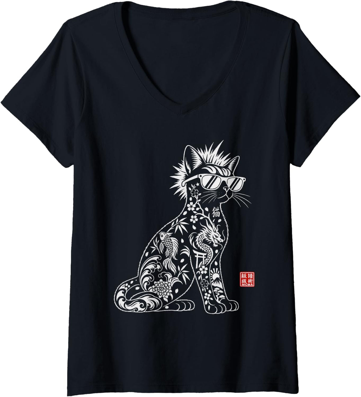 Women's Japanese Inspired Tattoo Cat Mohawk Sunglasses Art V-Neck T-Shirt - Black