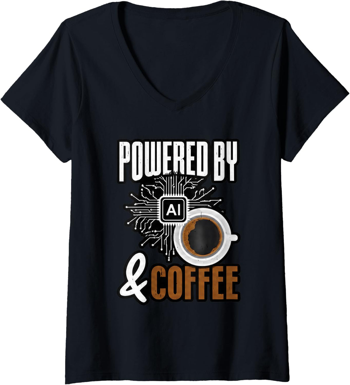 Women's Funny Artificial Intelligence Tech Powered By AI and Coffee V-Neck T-Shirt - Black