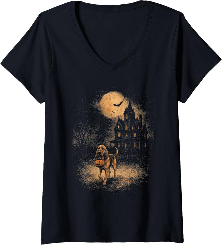 Women's Vintage Bloodhound Halloween Funny Dog Pumpkin Spooky Moon V-Neck T-Shirt - Black