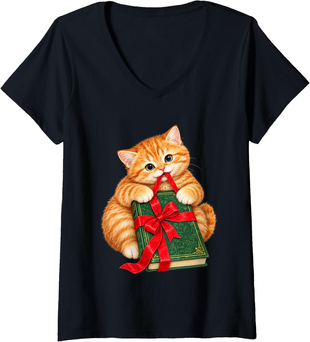 Women's Cute Christmas Orange Tabby Cat Book Lover Ginger Kitten V-Neck T-Shirt - Black