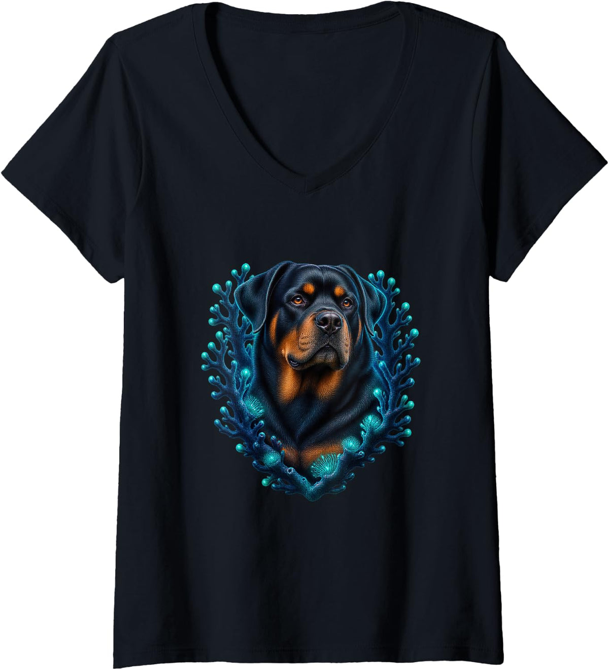 Women's Rottweiler with Teal Coral Branches V-Neck T-Shirt - Black