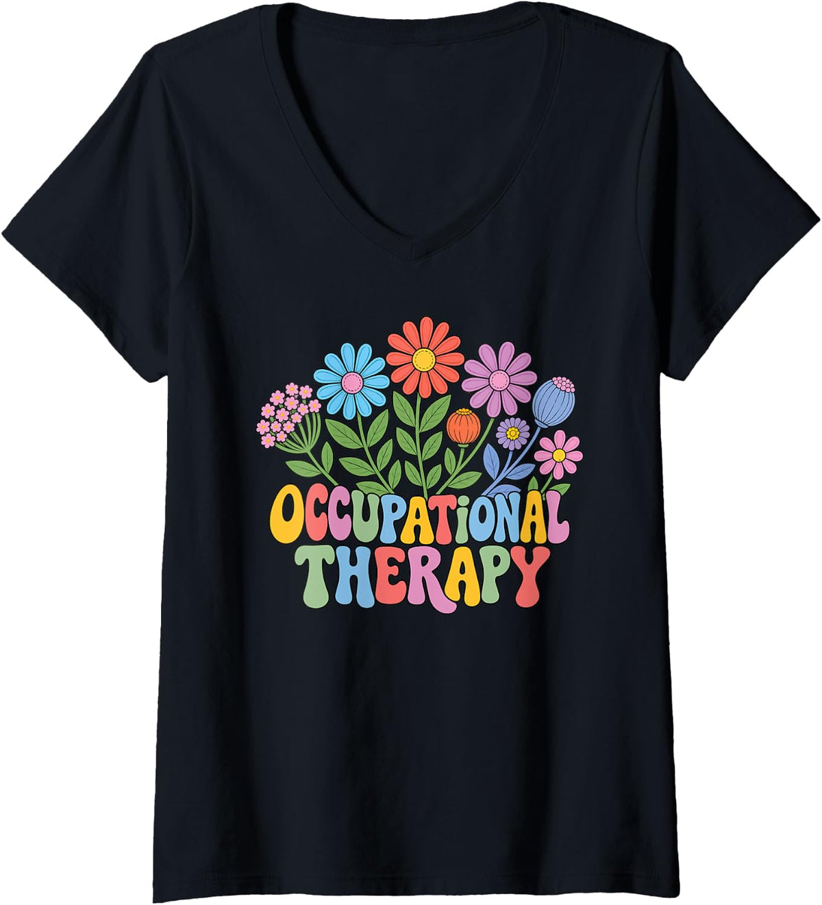 Women's Pediatric Occupational Therapy Flowers OT Therapist Physical V-Neck T-Shirt - Black