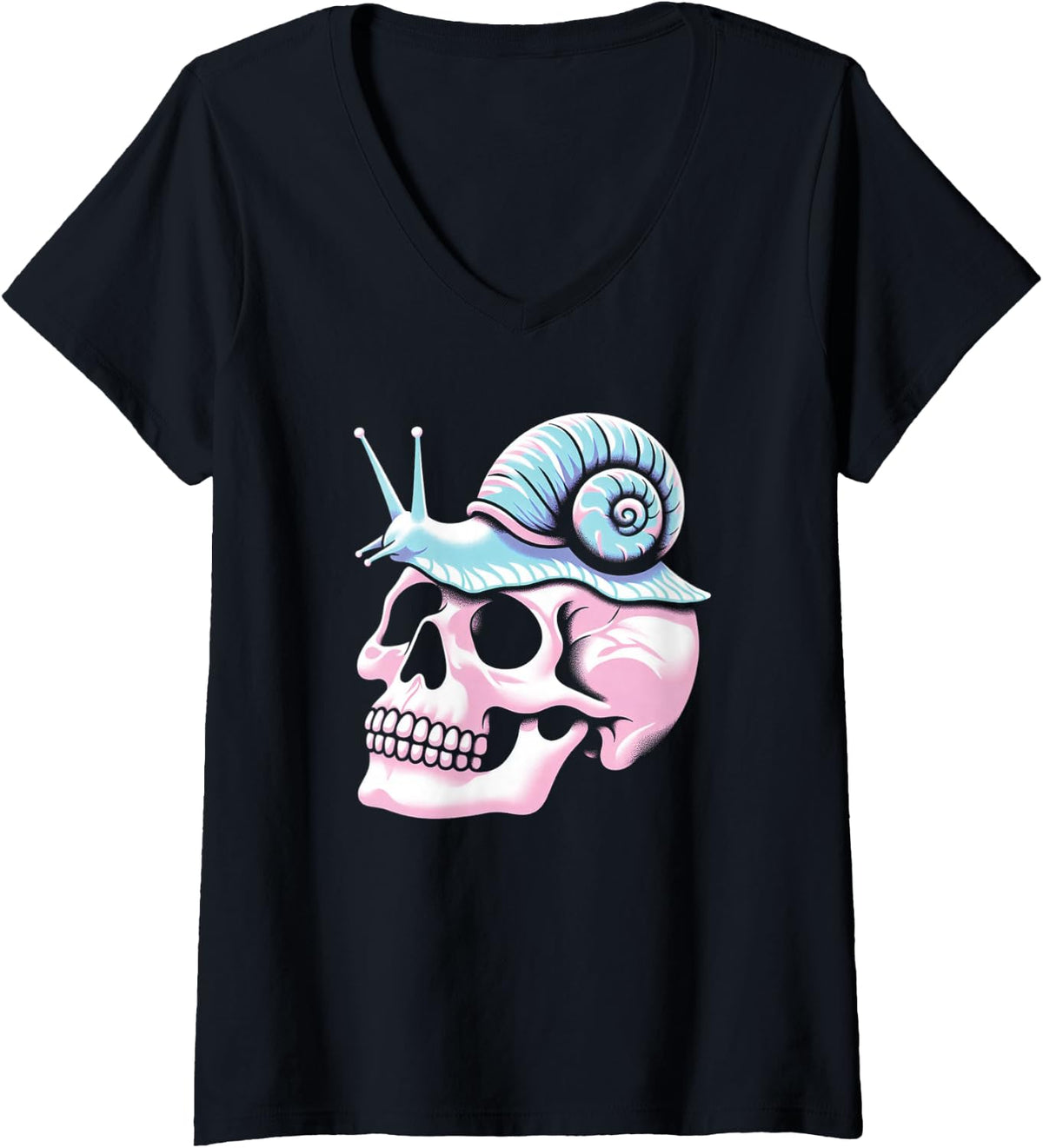 Women's Pastel Goth Skull and Snail Emo Punk Gothic V-Neck T-Shirt - Black