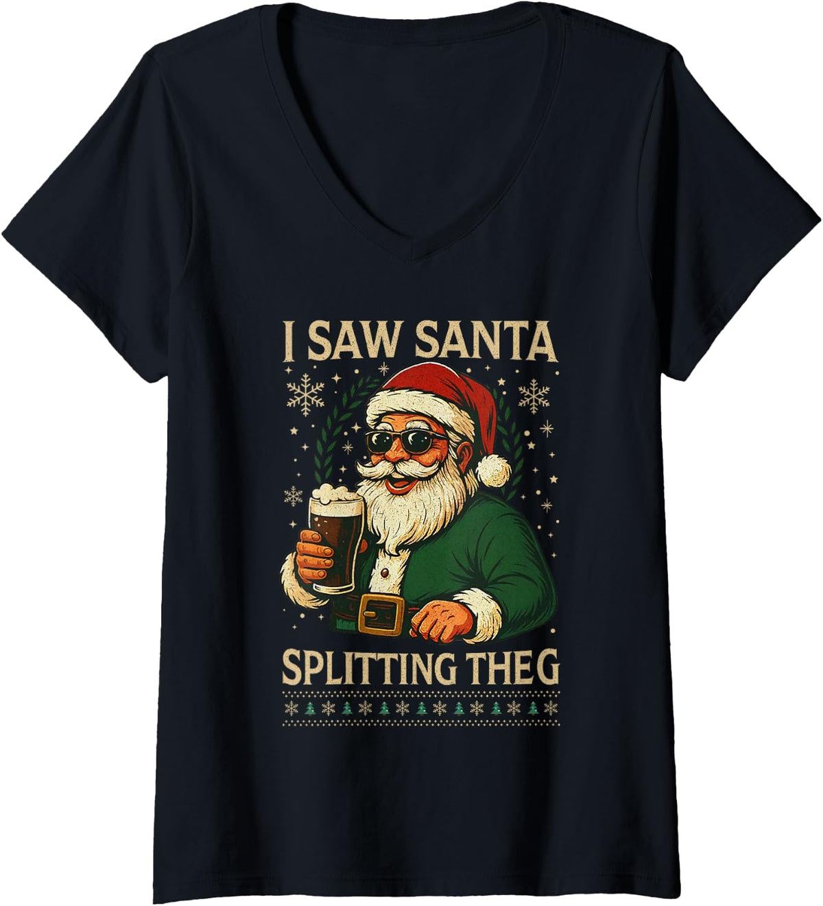 Women's Retro Santa I Saw Santa Split The G Drinking Ugly Christmas V-Neck T-Shirt - Black