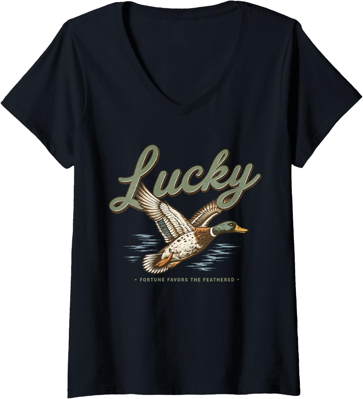 Women's Vintage Mallard Duck Lucky Fortune Favors The Feathered V-Neck T-Shirt - Black