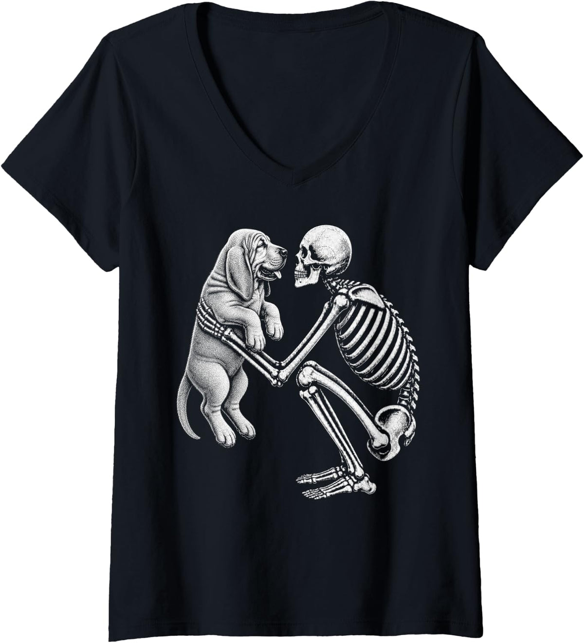 Women's Skeleton Holding Bloodhound Retro Halloween Dog V-Neck T-Shirt - Black