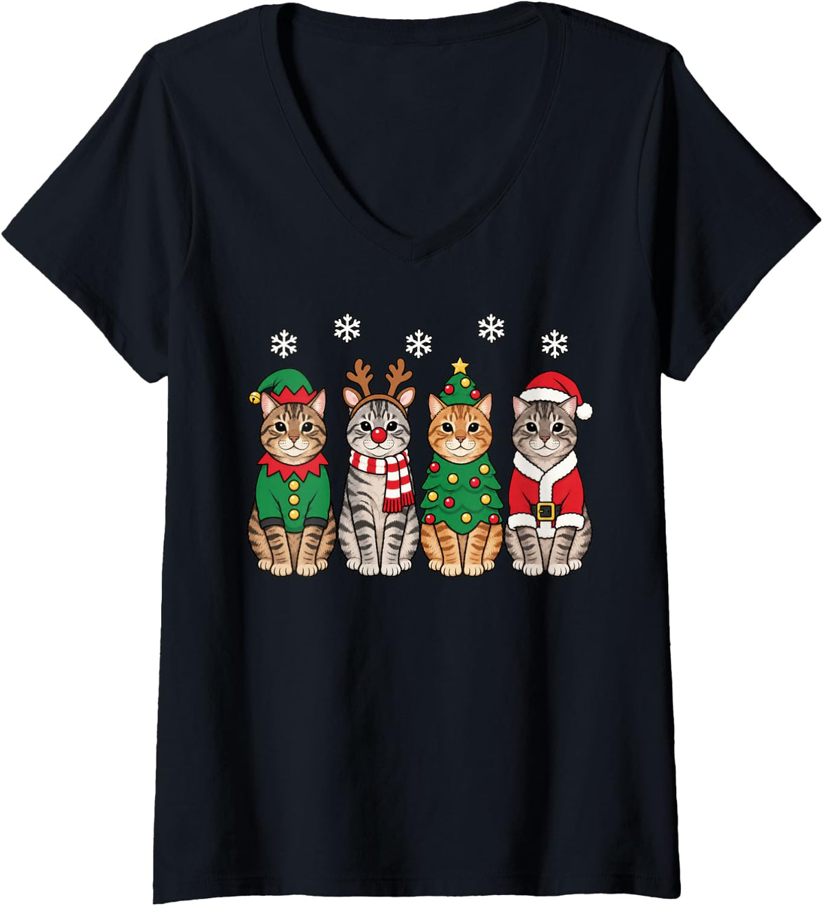 Women's Tabby Cat Christmas Reindeer Santa V-Neck T-Shirt - Black