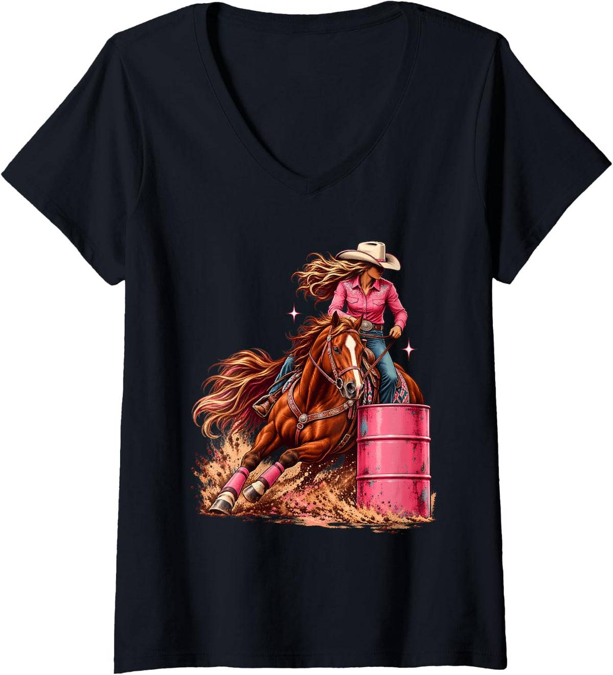 Women's Barrel Racing Cowgirl Pink Western Horse Rodeo Rider V-Neck T-Shirt - Black