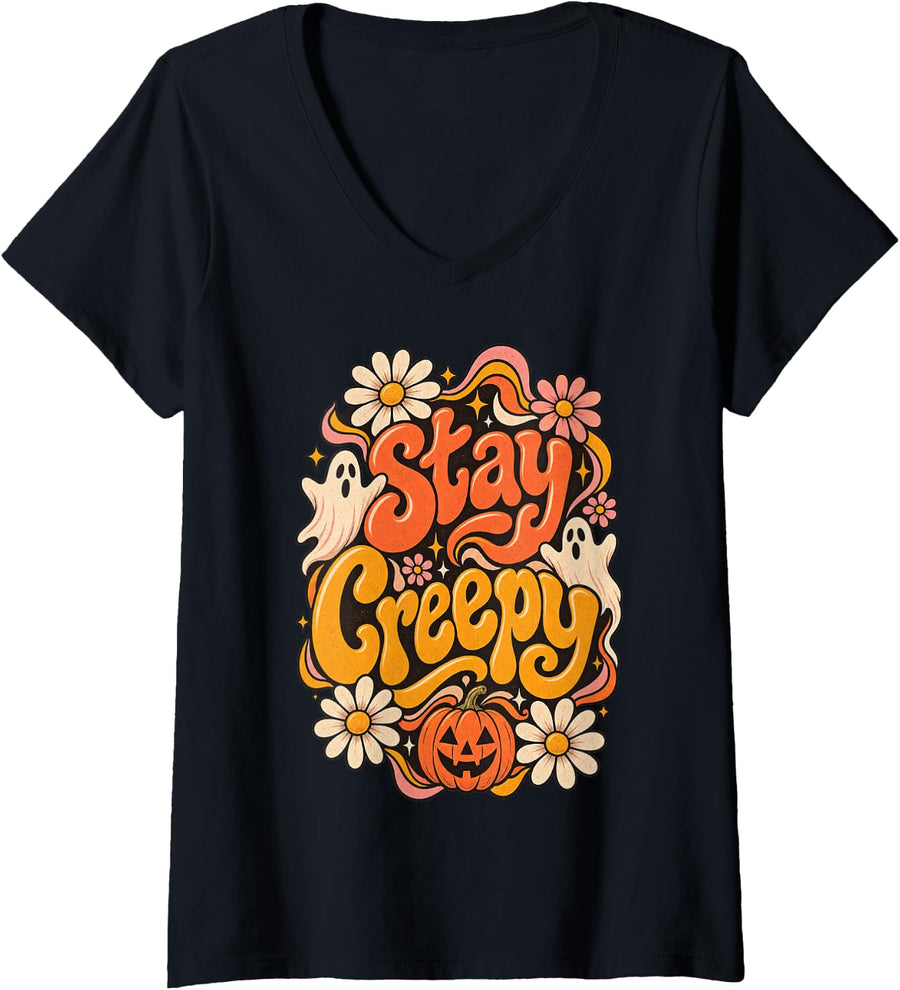 Women's Halloween Stay Creepy Groovy Pumpkin Ghost V-Neck T-Shirt - Black