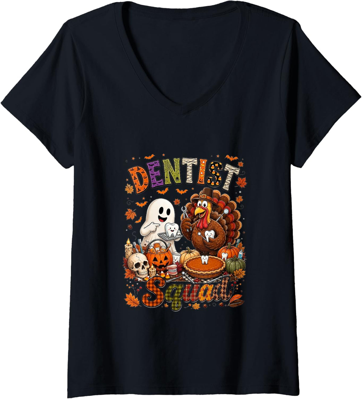 Women's Dentist Squad Funny Halloween Boo Thanksgiving Turkey V-Neck T-Shirt - Black