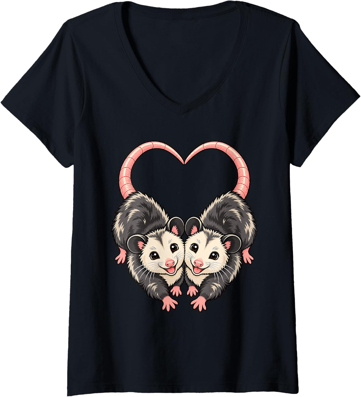 Women's Happy Opossum Couple Heart Tails Animal Love V-Neck T-Shirt - Black