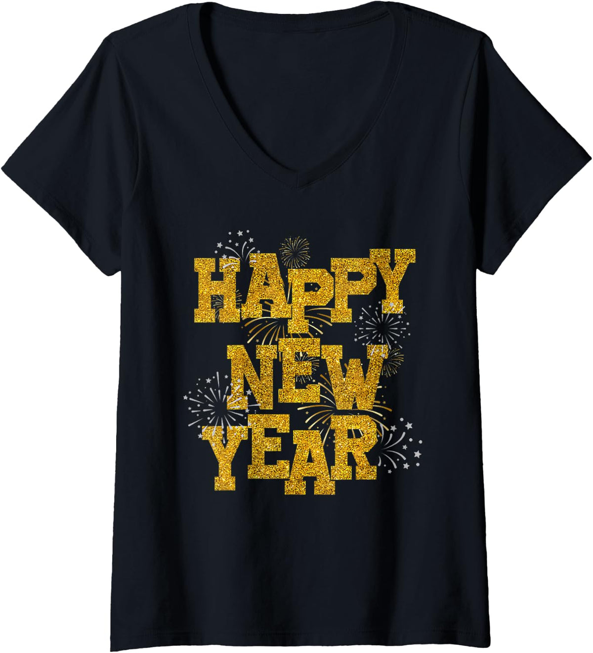Women's Happy New Year Confetti Fireworks New Year's Eve Party V-Neck T-Shirt - Black