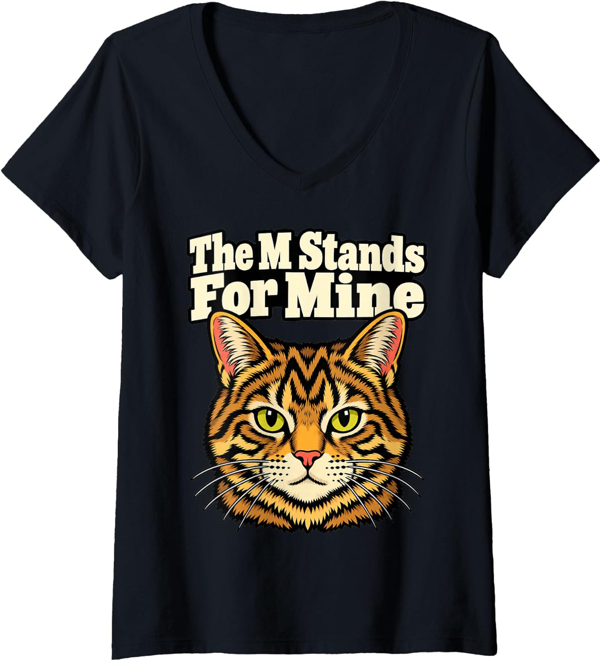 Women's Tabby Cat The M Stands for Mine Kitten Lover Funny V-Neck T-Shirt - Black