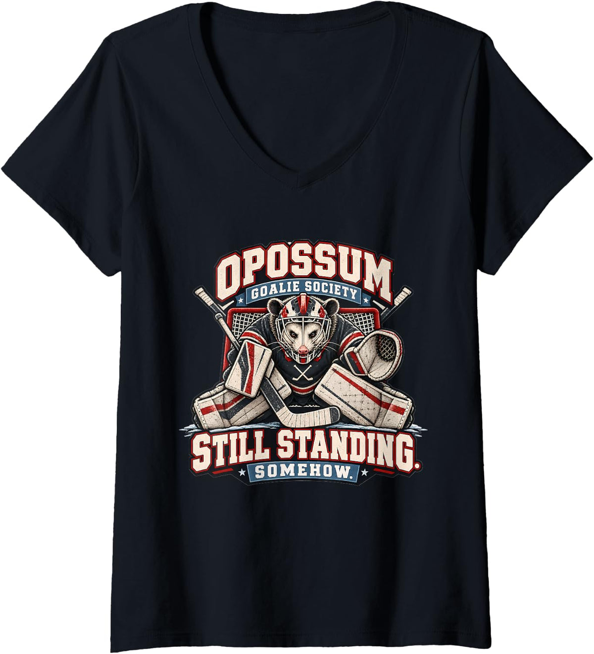 Women's Opossum Goalie Society Still Standing Somehow V-Neck T-Shirt - Black