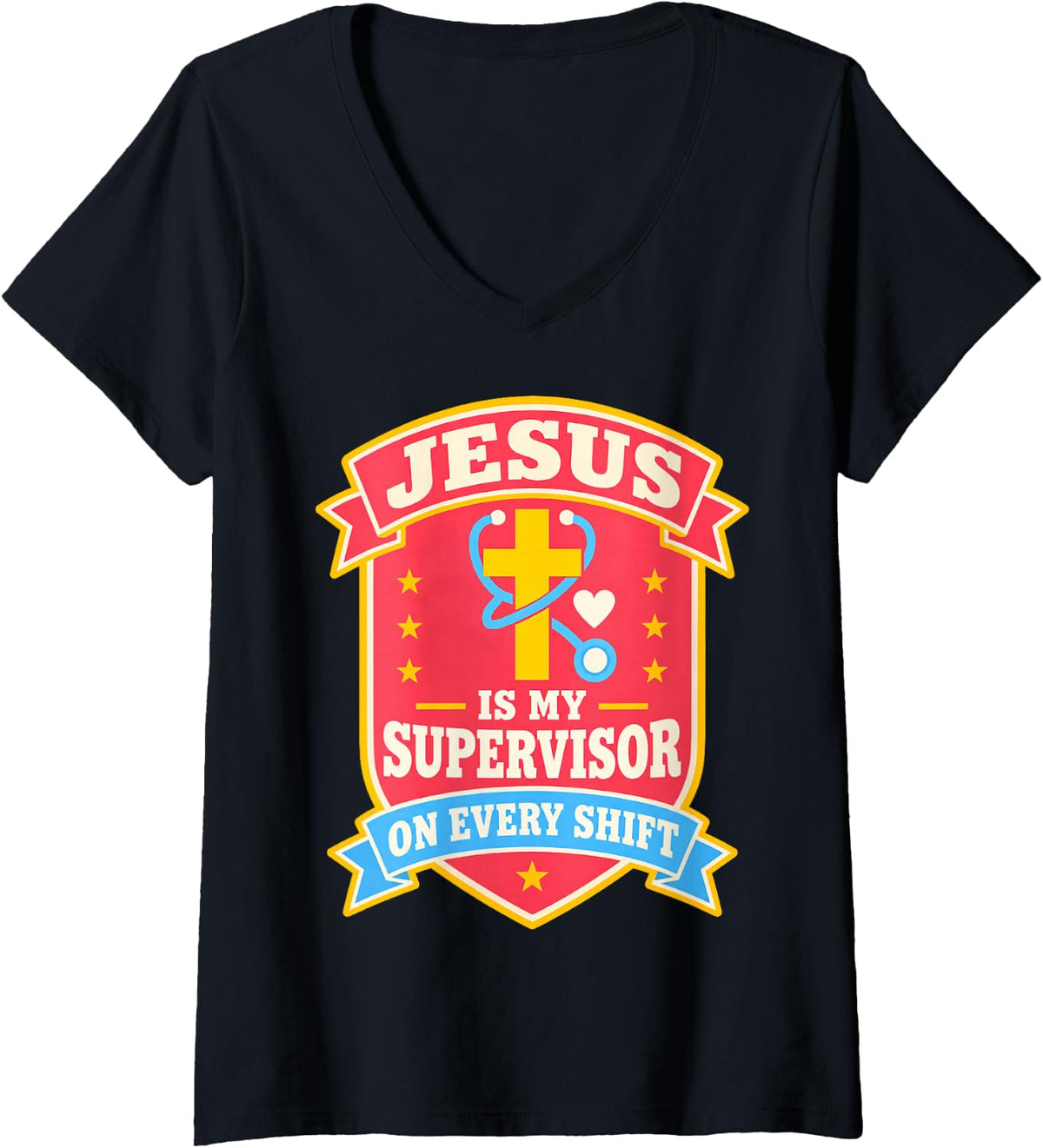 Women's Jesus is My Supervisor Jesus Faith God CNA Christian Nurse V-Neck T-Shirt - Black