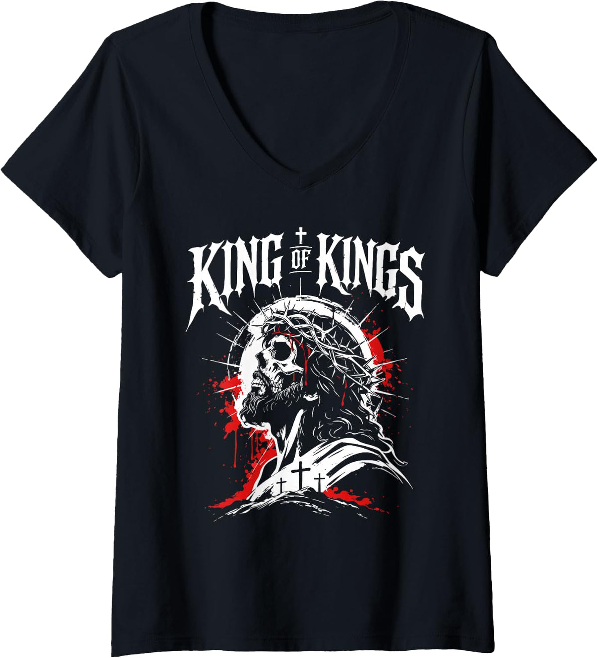 Women's Edgy Christian King of Kings Gothic Jesus Zombie Skull Art V-Neck T-Shirt - Black
