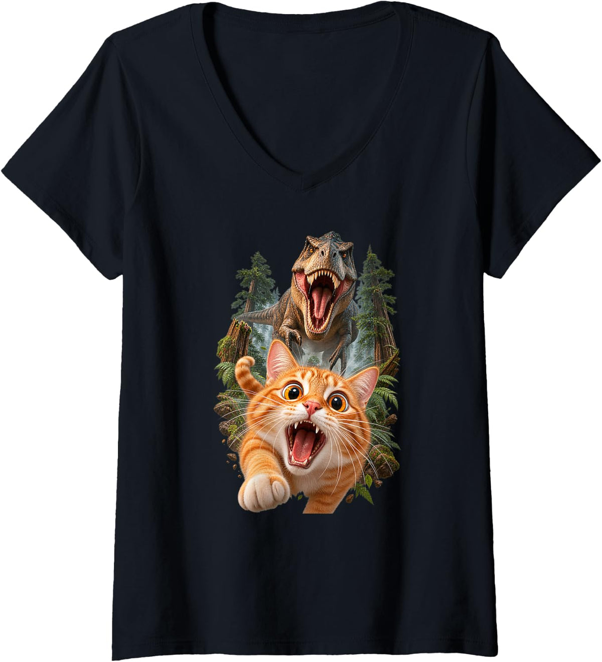 Women's Tabby Cat Chased By Tyrannosaurus Rex Dinosaur V-Neck T-Shirt - Black