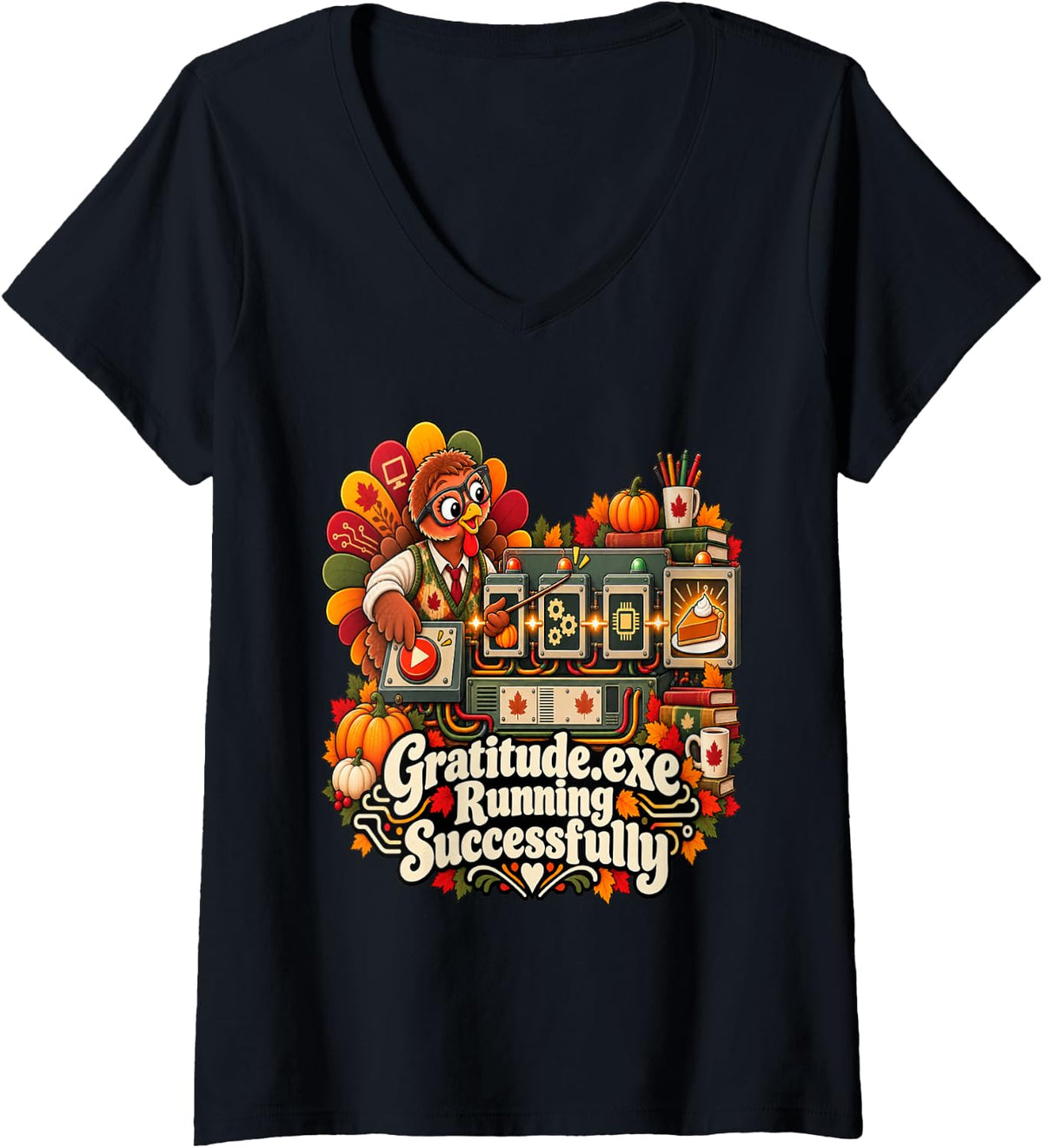 Women's Funny Computer Science Teacher Thanksgiving Coding Turkey V-Neck T-Shirt - Black