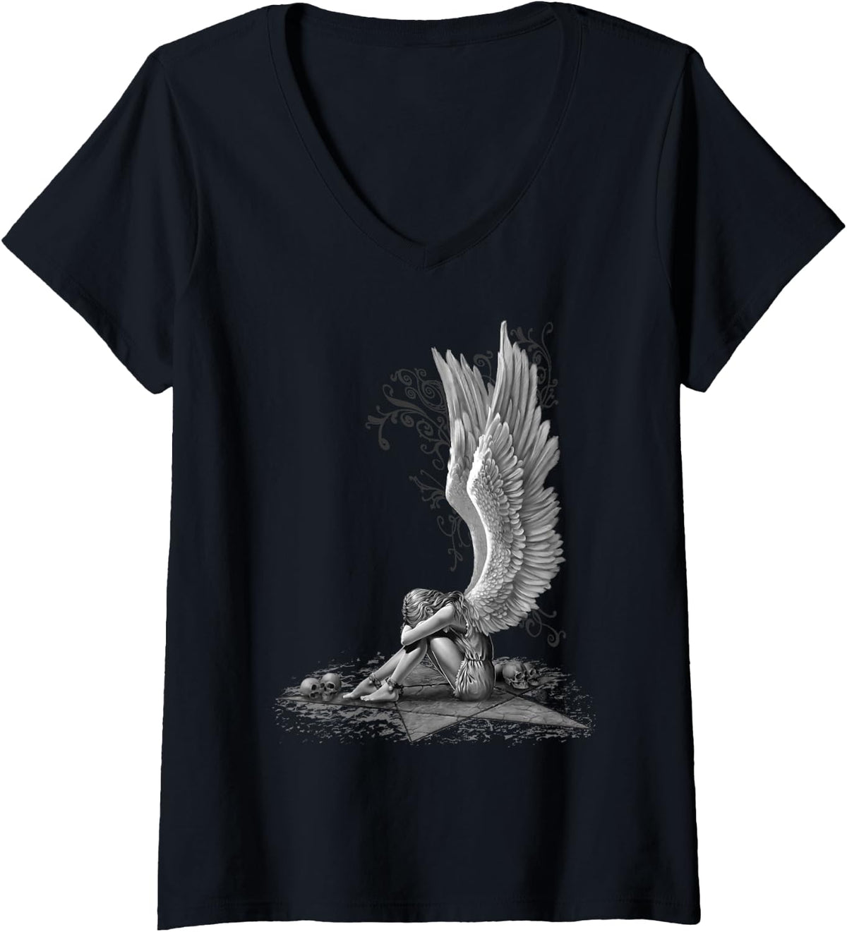Womens Spiral Original - Enslaved Angel - Gothic Angel V-Neck T-Shirt - Black
