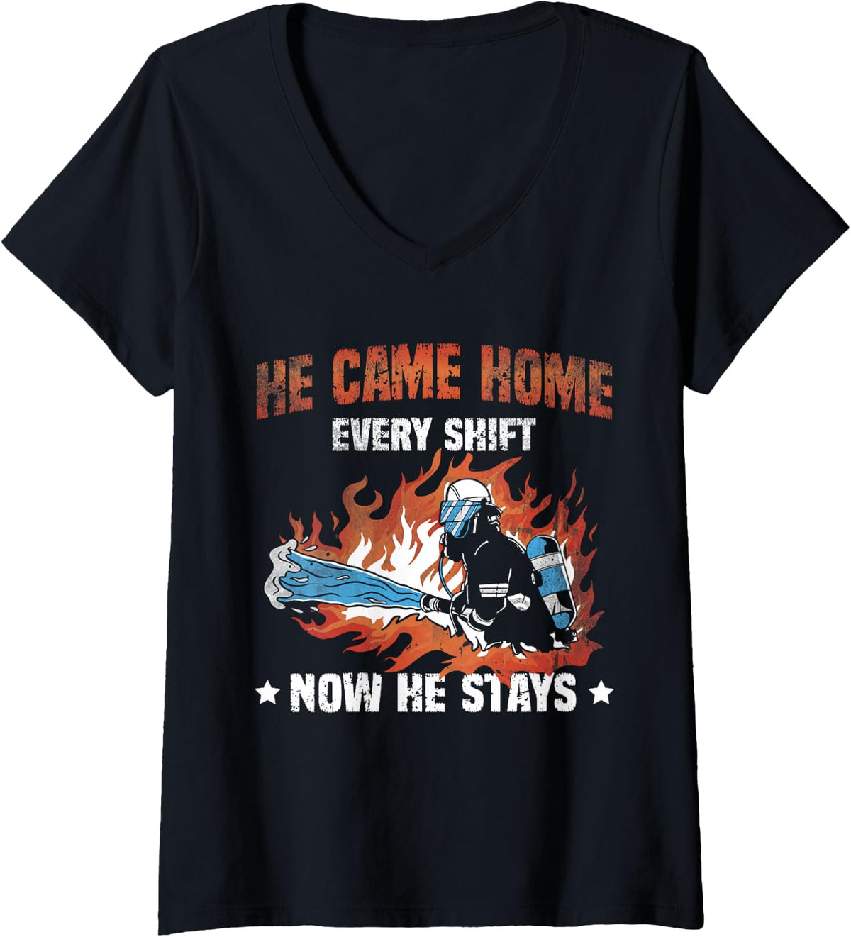 Women's He Came Home Every Shift Now He Stays Retired Firefighter V-Neck T-Shirt - Black