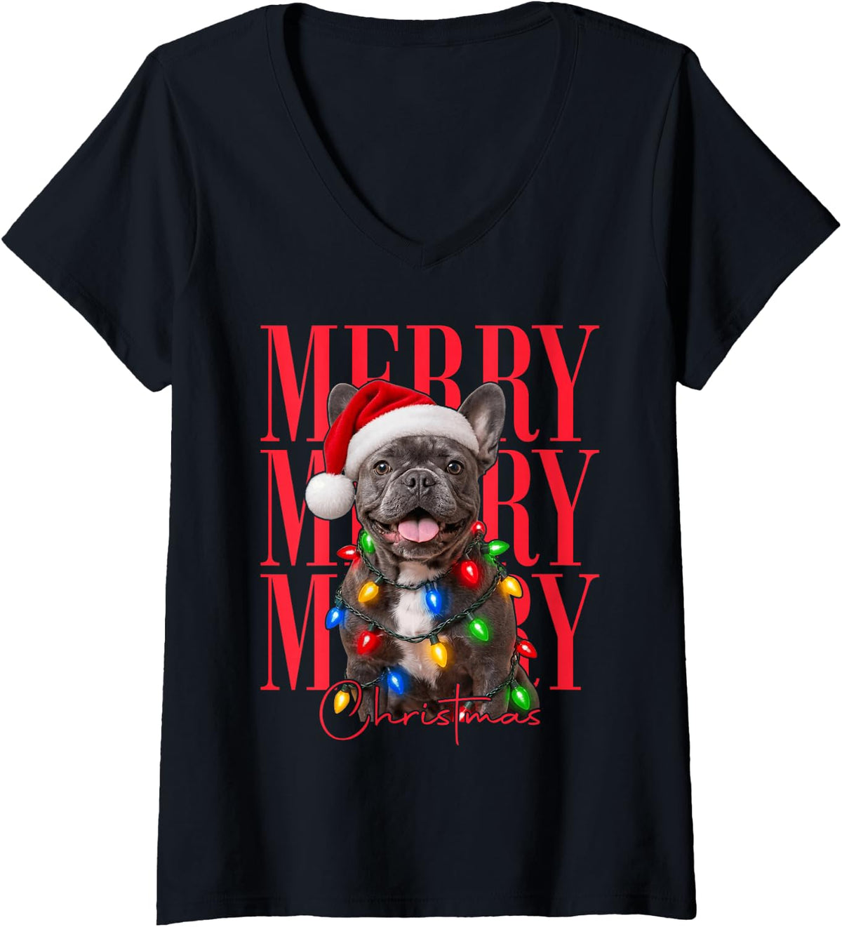 Women's Merry Christmas French Bulldog Santa Xmas Tree Light Dog V-Neck T-Shirt - Black