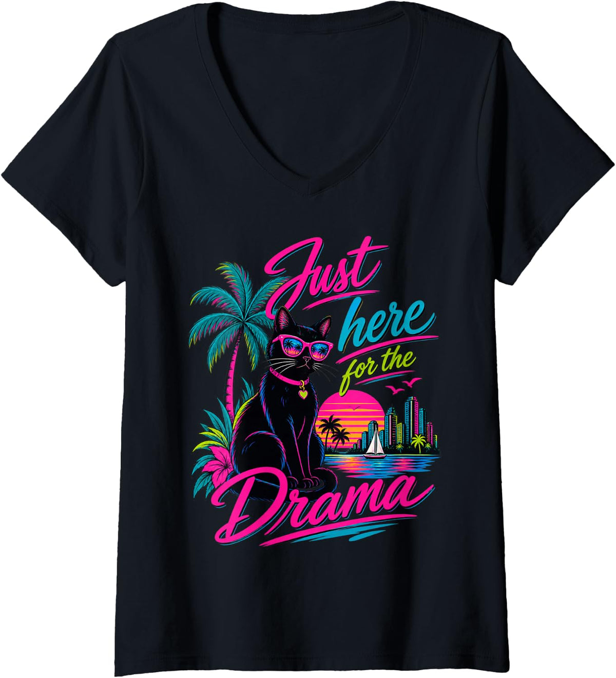Women's Just Here for the Drama Black Cat Tropical Retro V-Neck T-Shirt - Black