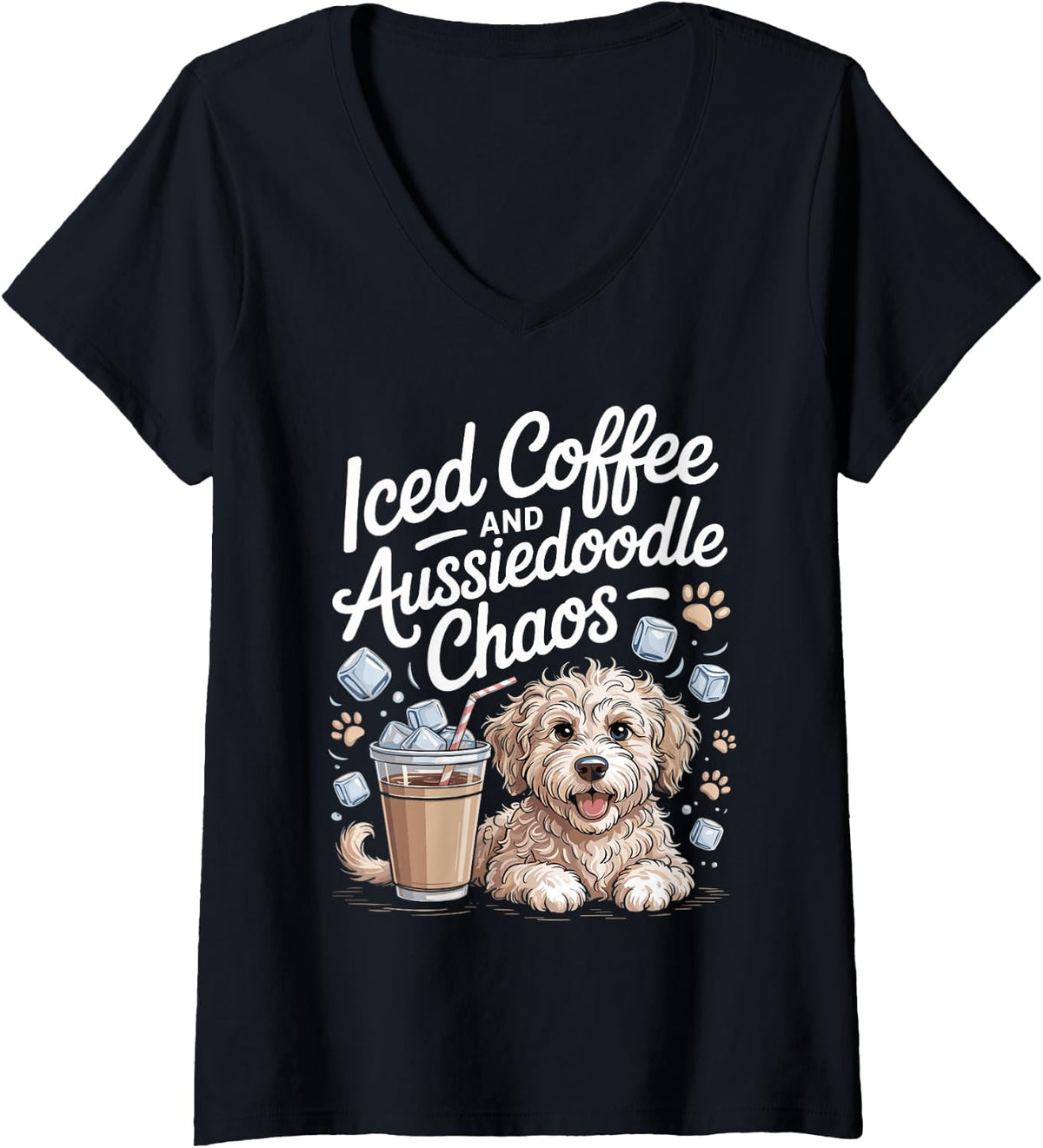 Women's Iced Coffee and Aussiedoodle Chaos Doodle Dog V-Neck T-Shirt - Black