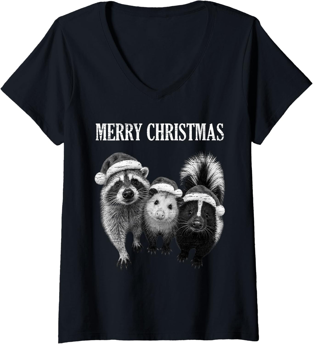 Women's Trash Panda Raccoon Opossum Skunk Vintage Christmas Meme V-Neck T-Shirt - Black