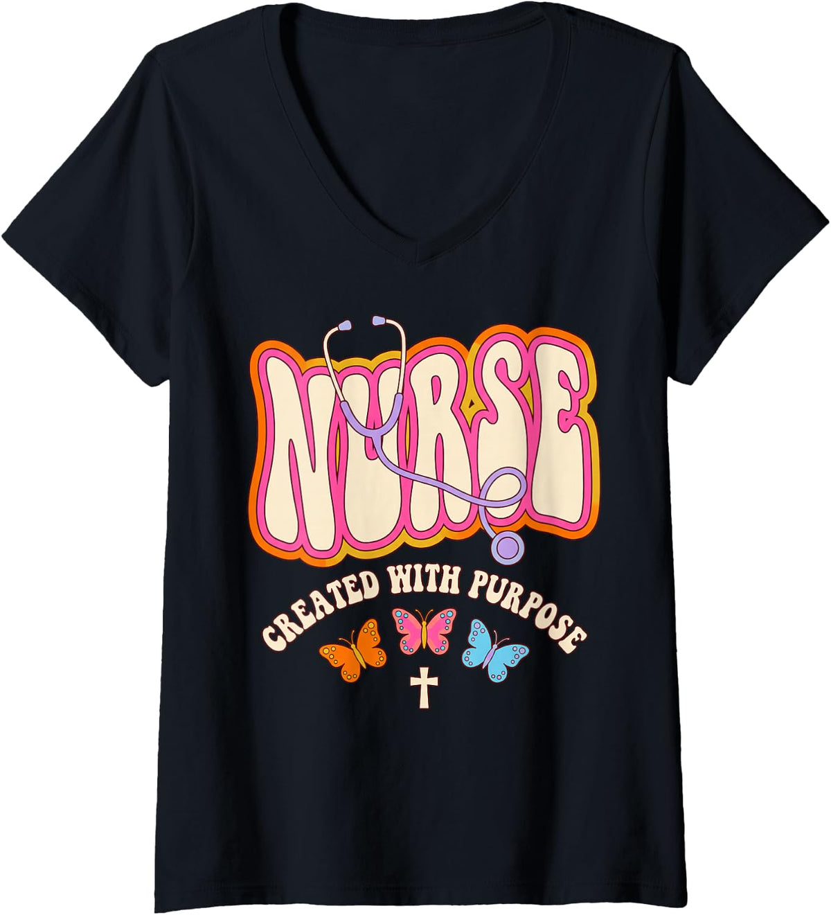 Women's Nurse Created Purpose Jesus Faith God CNA Christian Nurse V-Neck T-Shirt - Black
