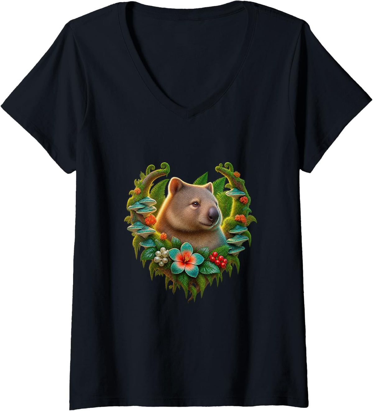Women's Wombat Among Teal Mushrooms V-Neck T-Shirt - Black