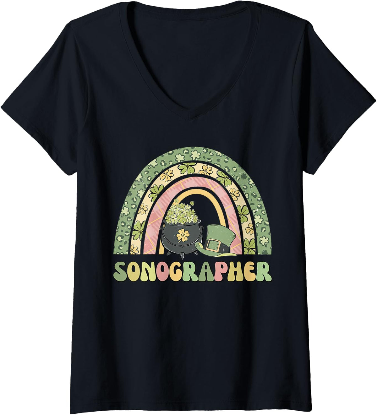 Women's Sonographer Rainbow Ultrasound Technologist St Patrick's Day V-Neck T-Shirt - Black