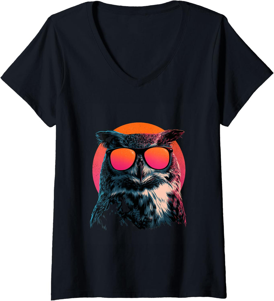 Women's Cool Owl Sunglasses Retro Sunset Vintage Bird Design V-Neck T-Shirt - Black