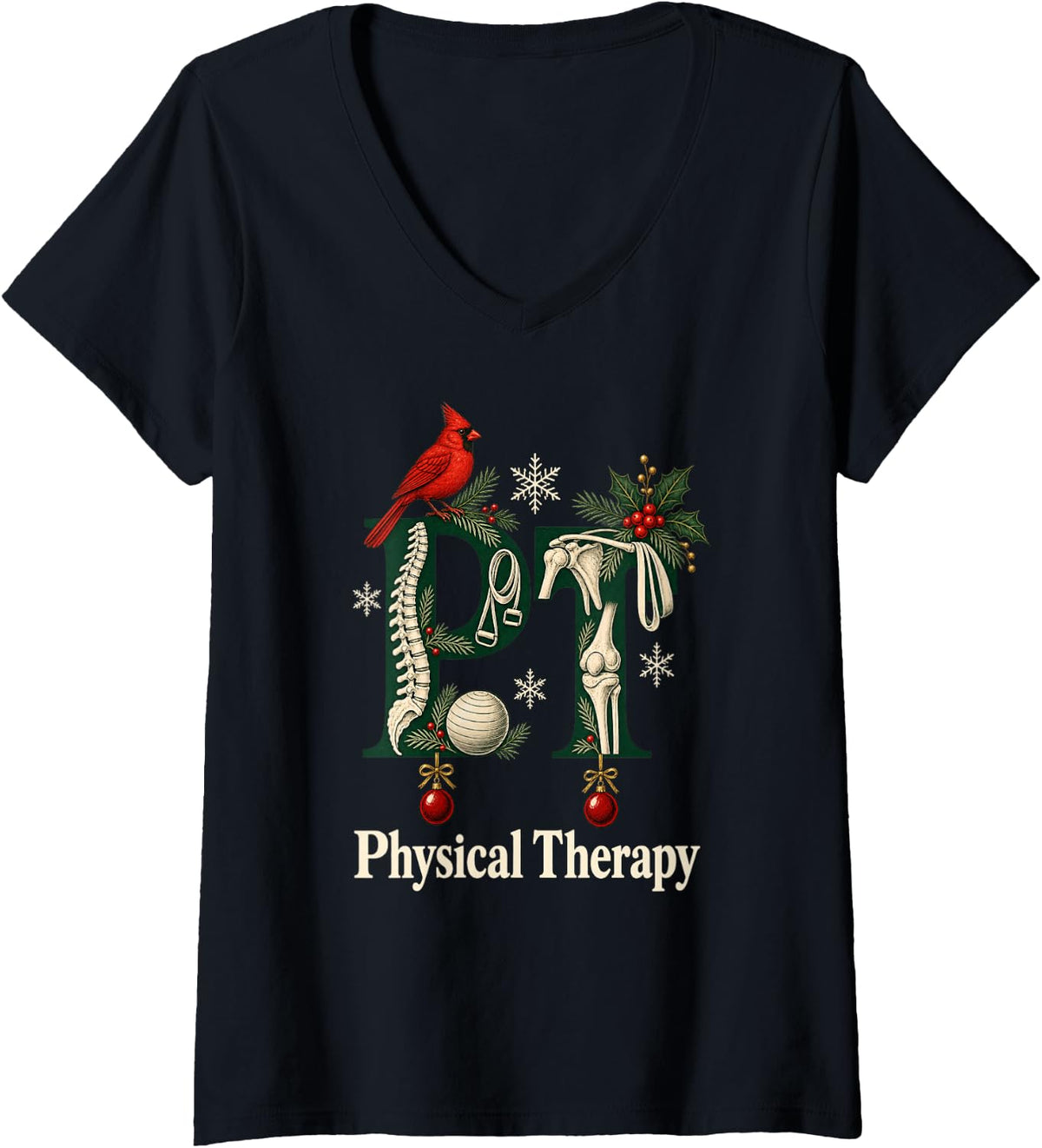 Women's Physical Therapy Christmas Cardinal Snowflake V-Neck T-Shirt - Black