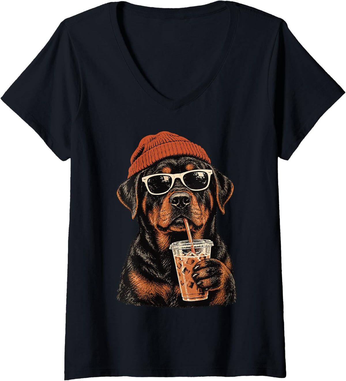 Women's Rottweiler Dog Hipster Iced Coffee Funny Rottweiler V-Neck T-Shirt - Black