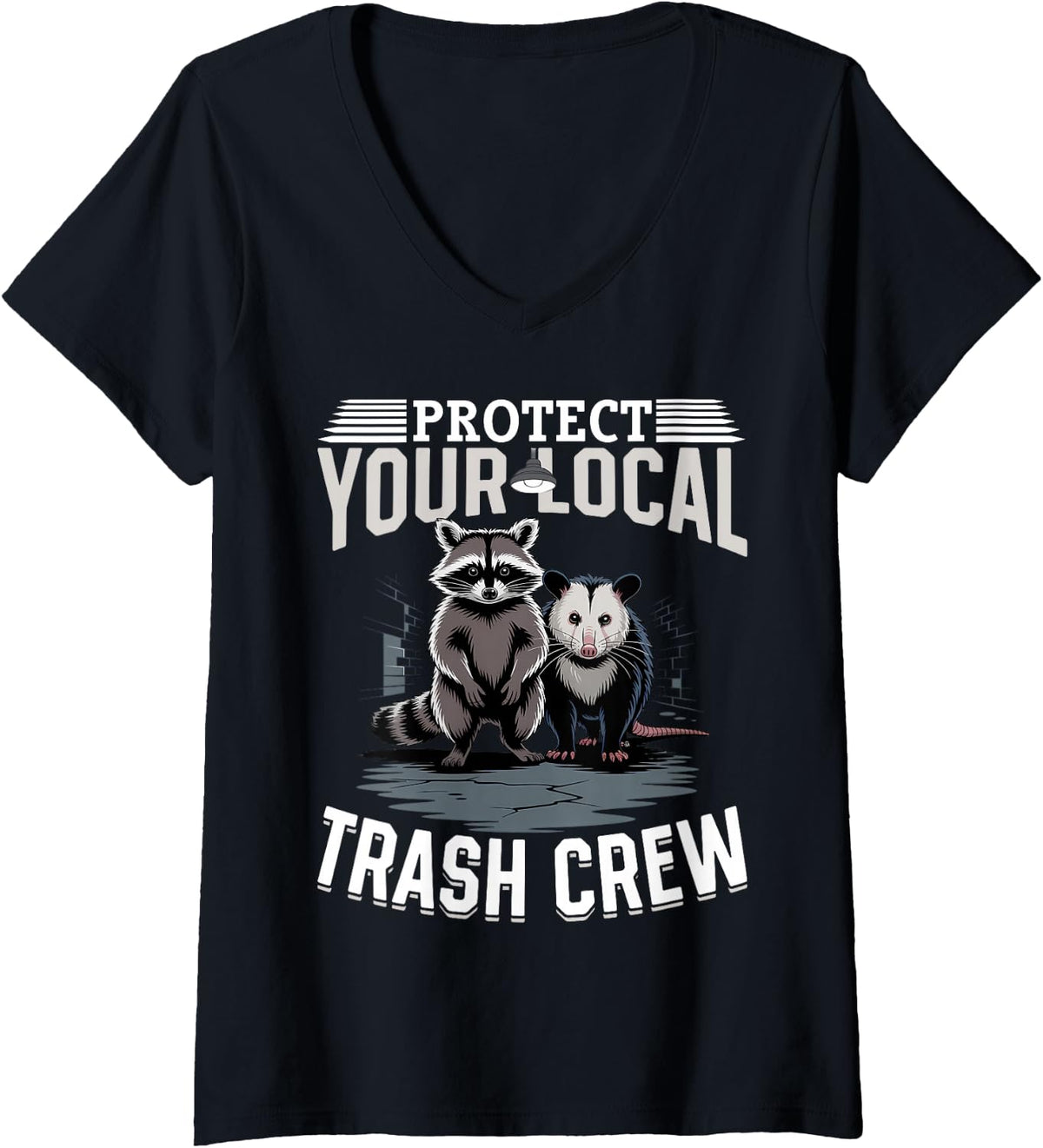 Women's Funny Opossum and Raccoon V-Neck T-Shirt - Black