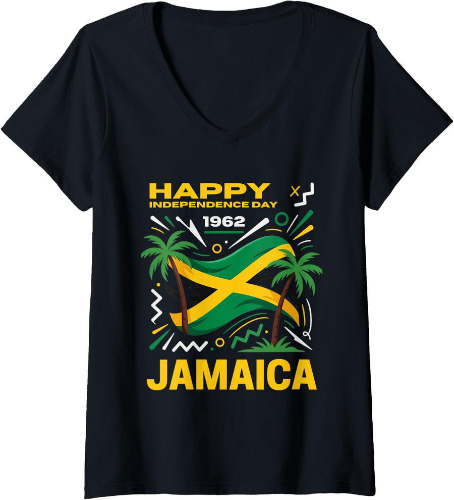 Women's Happy Independence Day Jamaica 1962 Proud Jamaican Flag V-Neck T-Shirt - Black