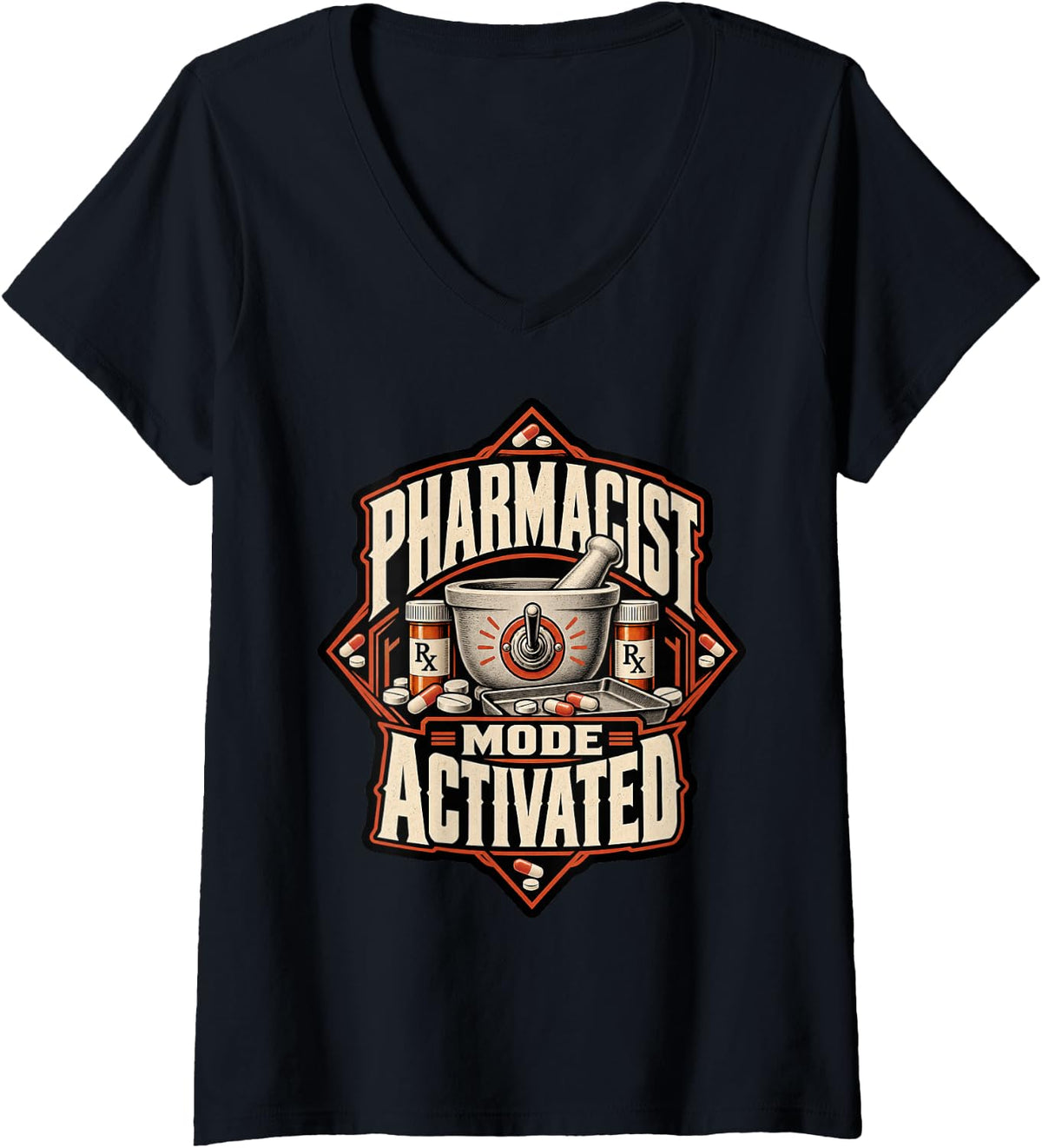 Women's Rx Professional Pharmacist Mode Activated Art Design Gift V-Neck T-Shirt - Black