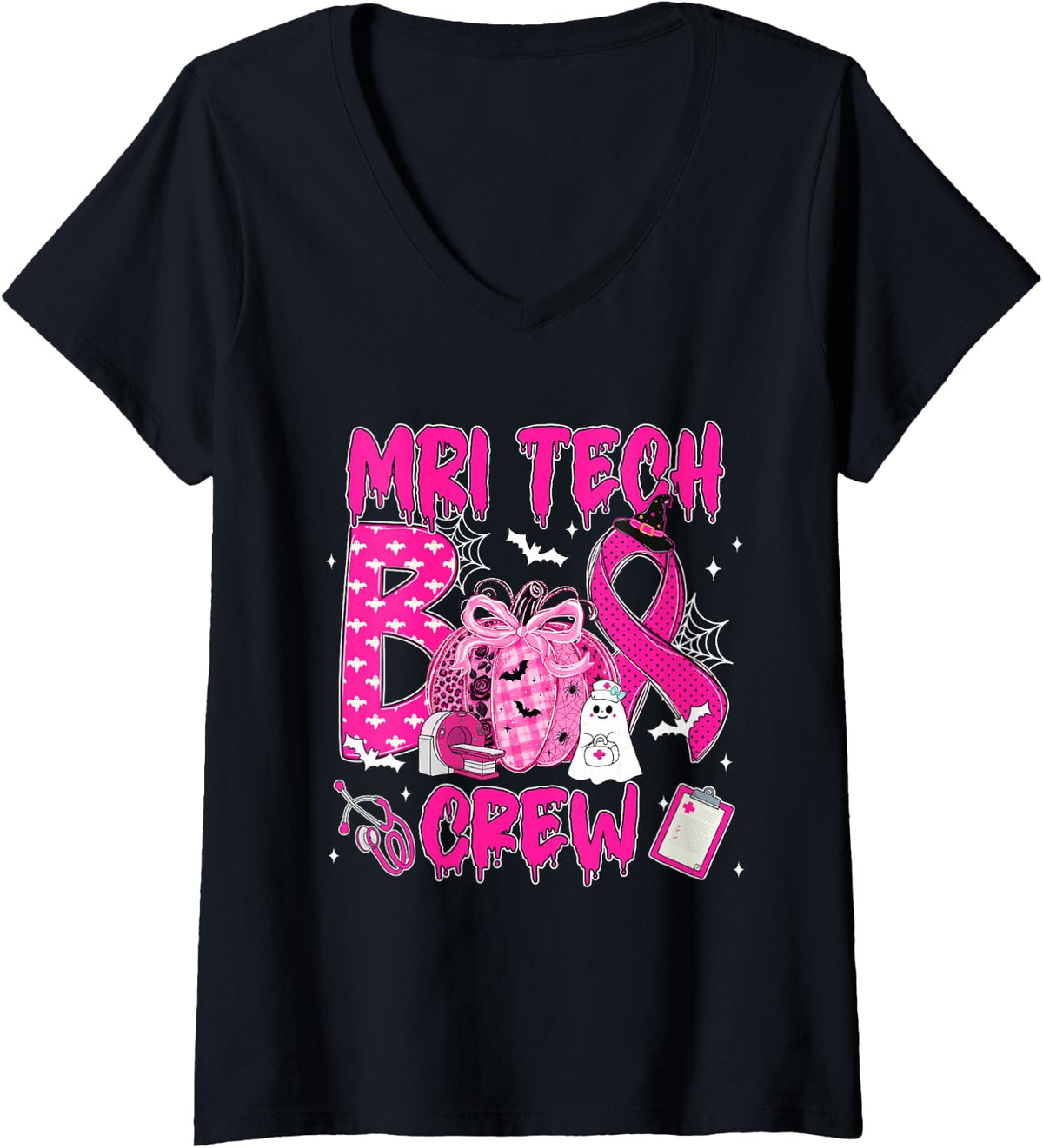 Women's MRI Tech Boo Crew Breast Cancer Awareness V-Neck T-Shirt - Black