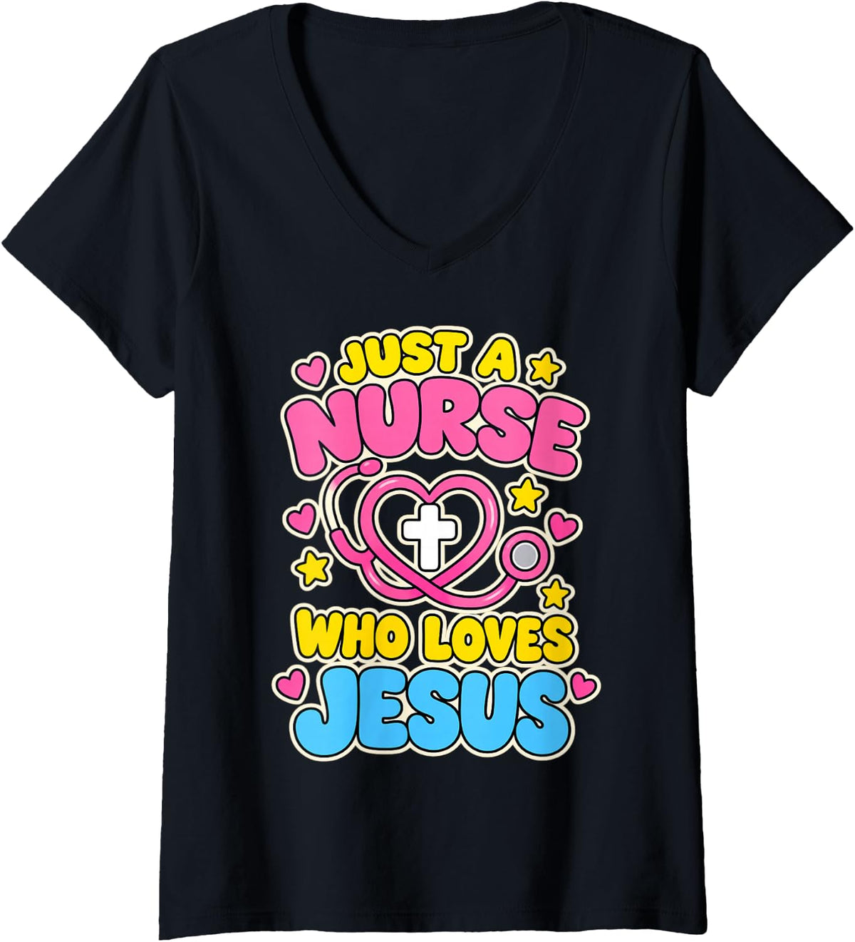 Women's Nurse Who Loves Jesus Faith God CNA Christian Nurse V-Neck T-Shirt - Black