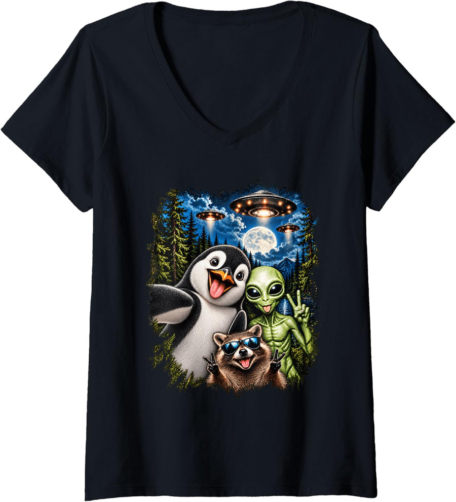 Women's Penguin Selfie Alien Raccoon UFO Funny Men Women Kids V-Neck T-Shirt - Black