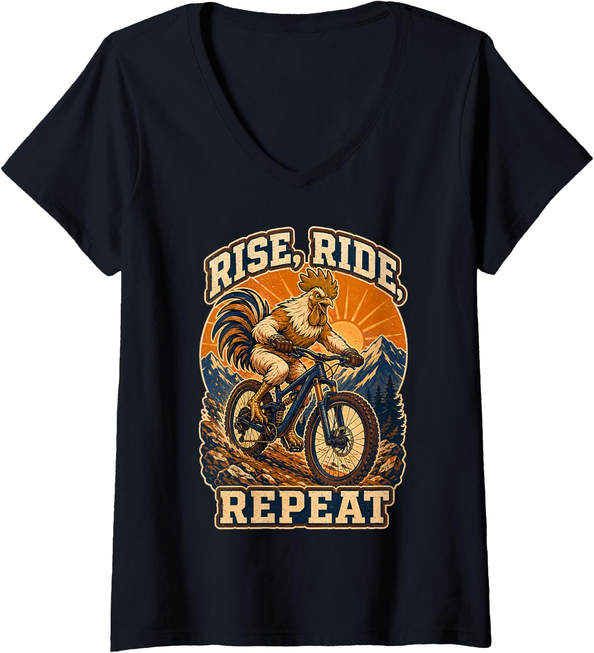 Women's Rise Ride Repeat Funny Rooster Mountain Bike MTB Cycling V-Neck T-Shirt - Black