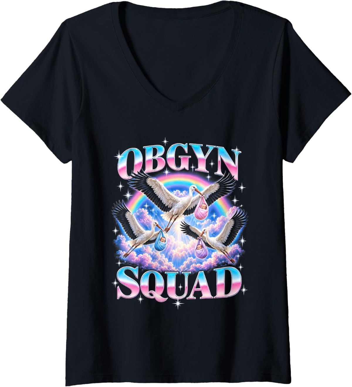 Women's OBGYN Squad Bootleg Stork Medical Assistant V-Neck T-Shirt - Black