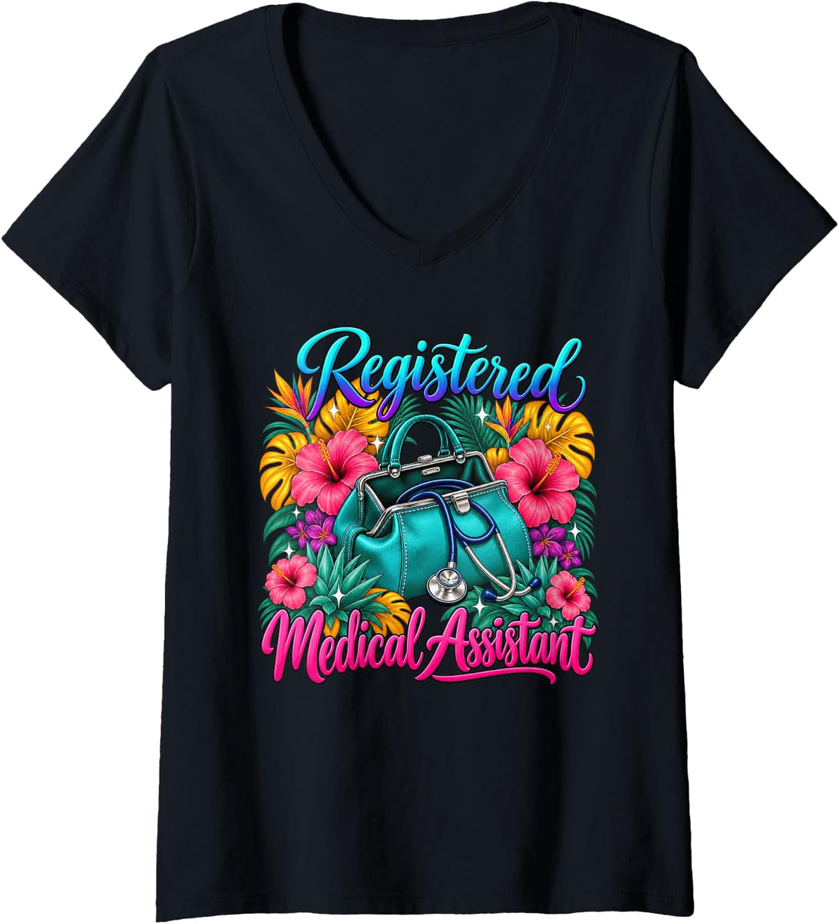Women's Registered Medical Assistant Floral Bag V-Neck T-Shirt - Black