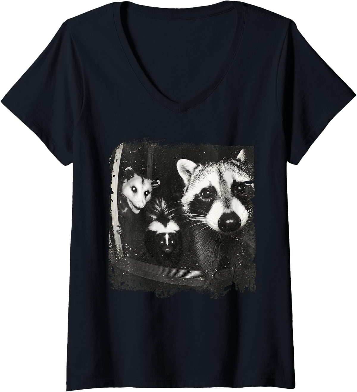 Women's Trash Panda Night Crew Vintage Raccoon Opossum Skunk V-Neck T-Shirt - Black